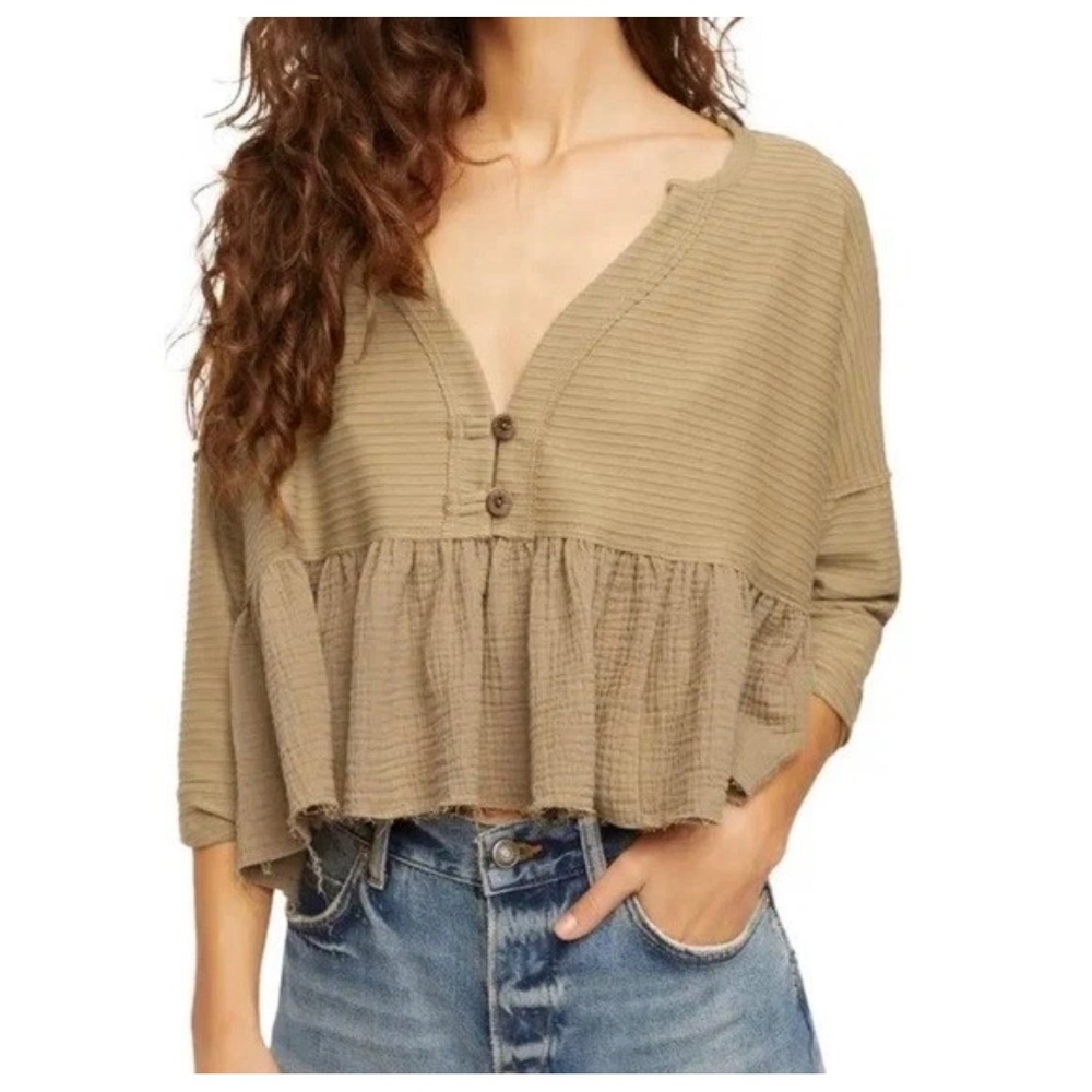 We The Free Free People Dallas Crop Henley Top S Olive Green Peplum Boho Grunge